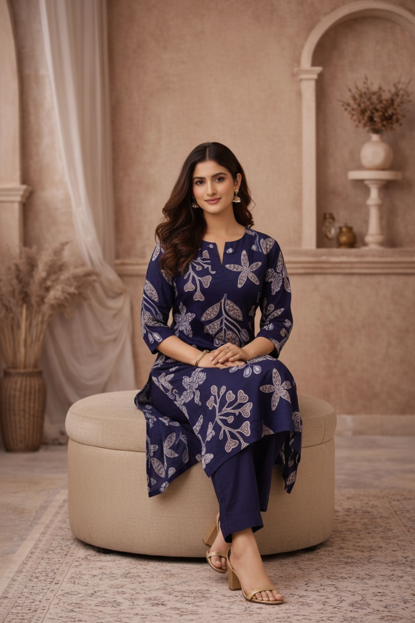 Navy floral kurti seated pose