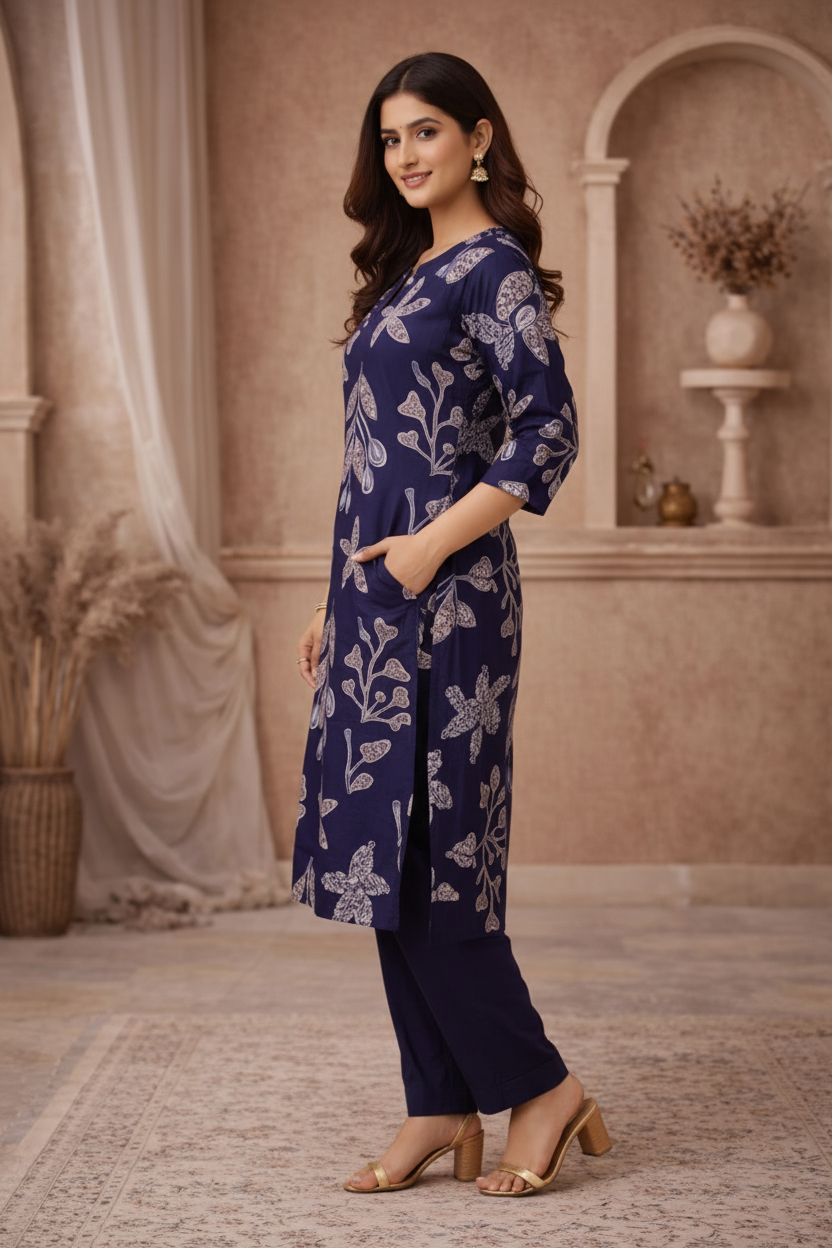 Navy floral kurti side pose