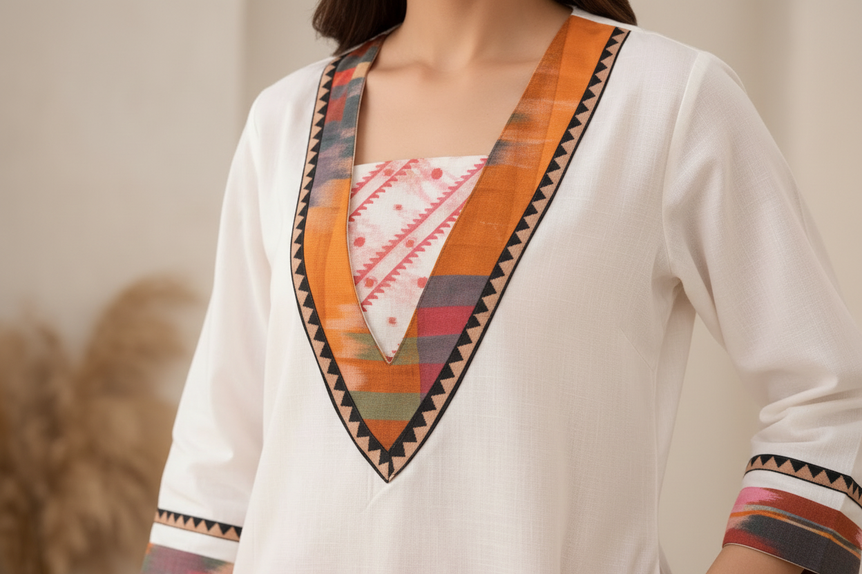 Neckline and trim detail close-up