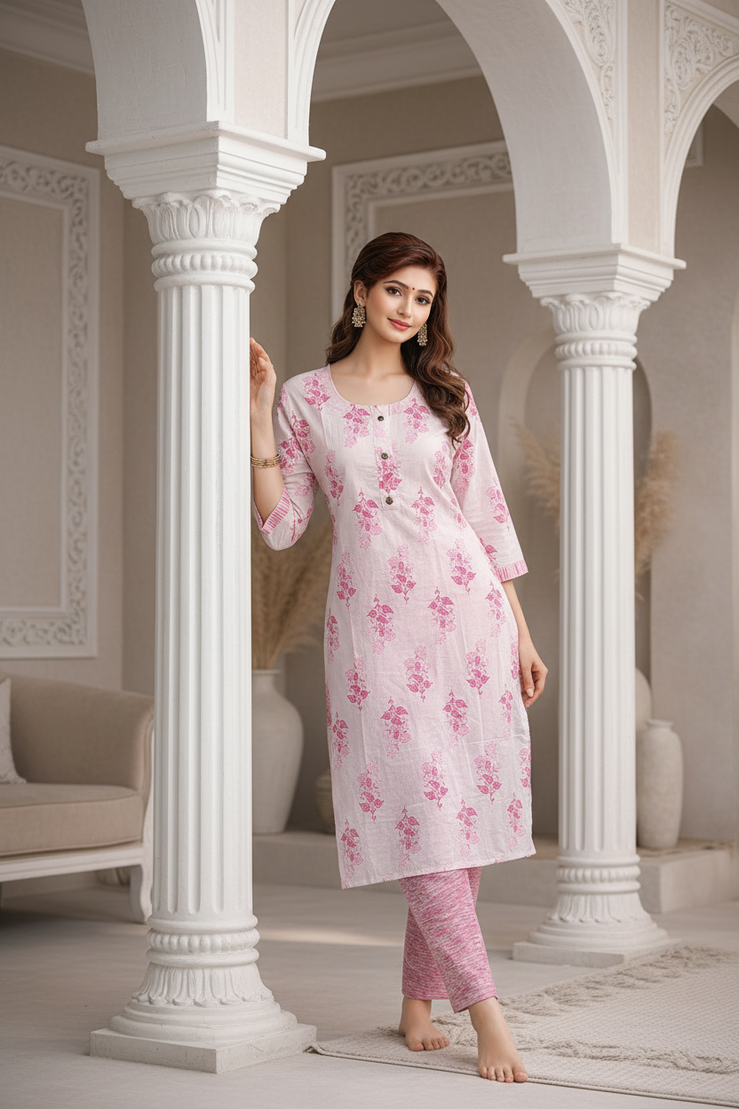 Pink embroidered kurti leaning pose