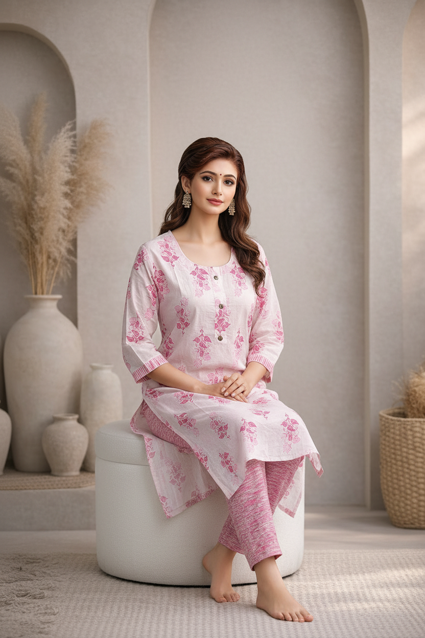 Pink embroidered kurti seated pose