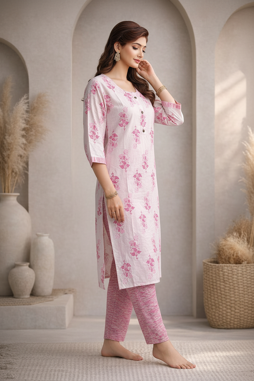 Pink embroidered kurti side pose