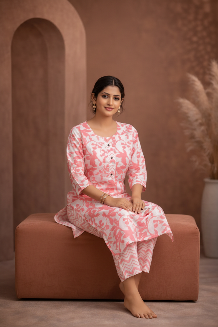 Pink floral kurti seated pose