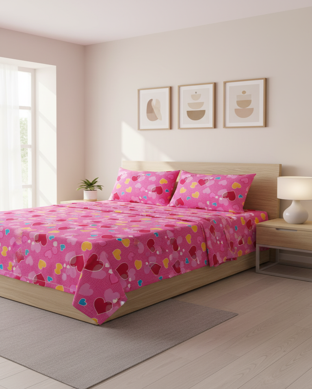 Professional bedsheet styled on bed - front view