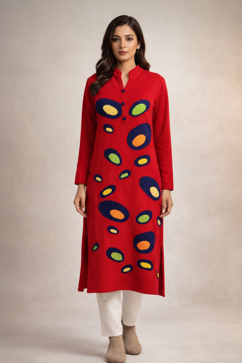 Red Appliqué Circle Kurti Front View