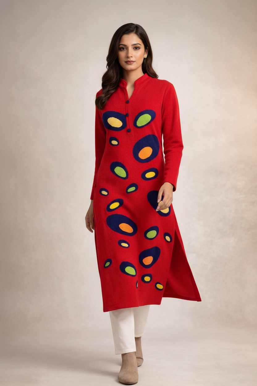 Red Appliqué Circle Kurti Movement Shot
