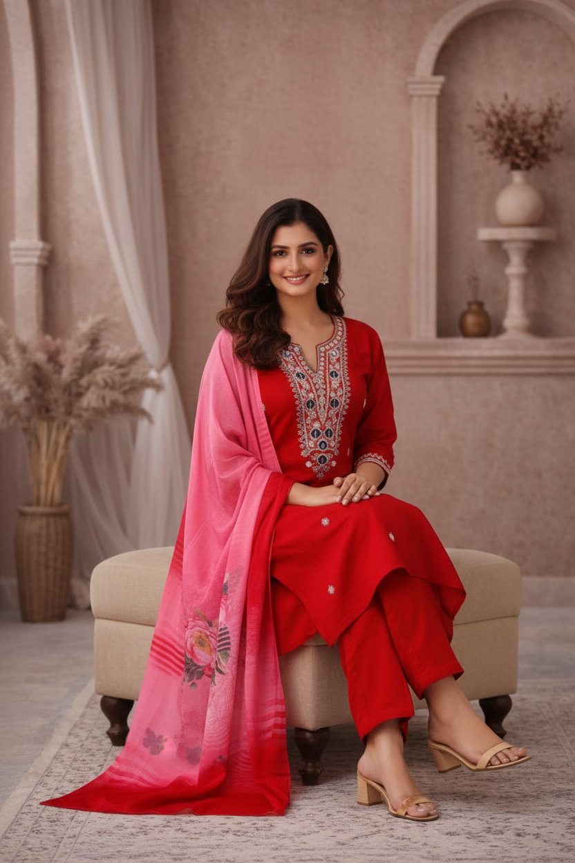 Red embroidered kurti seated pose