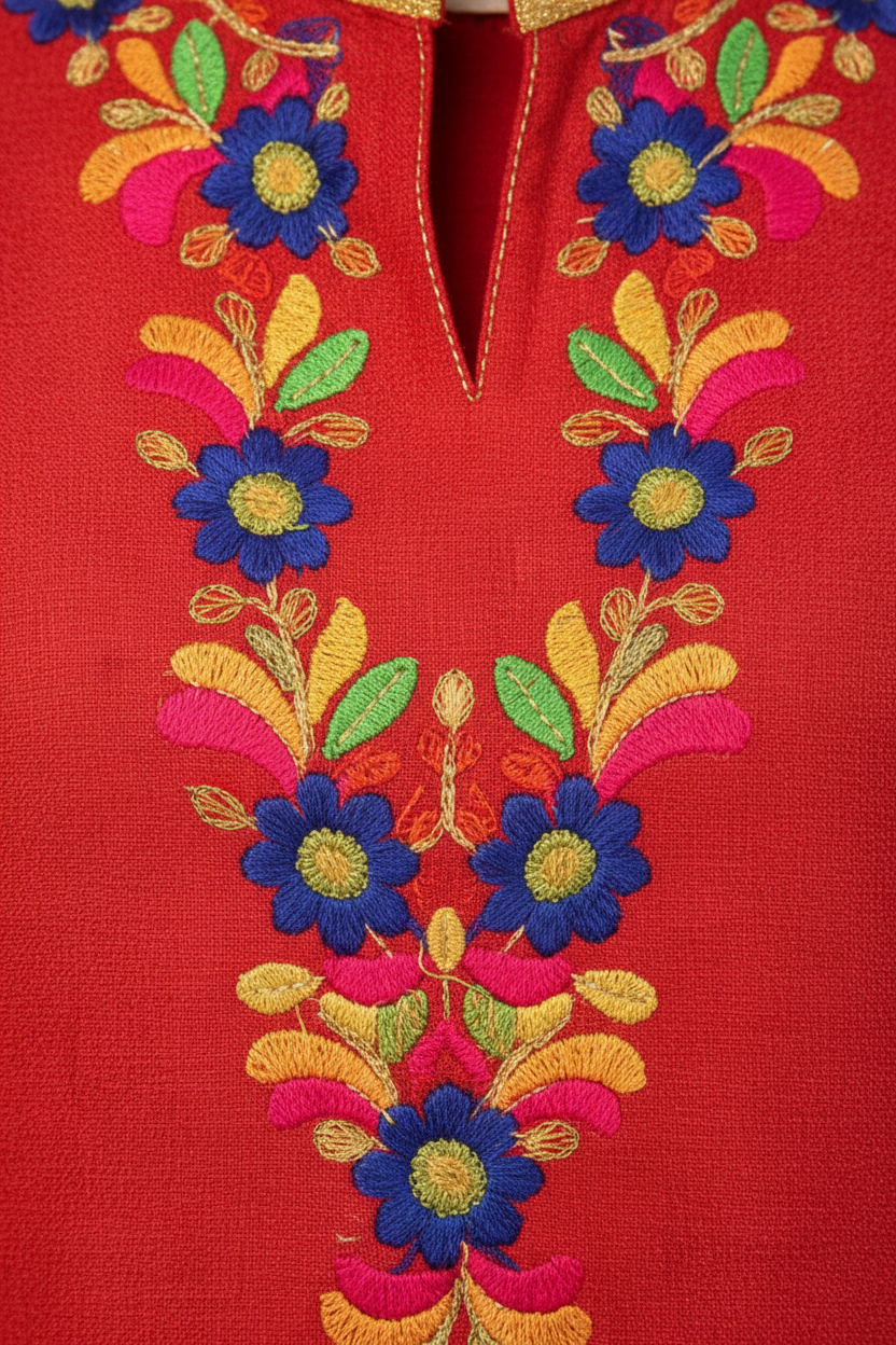 Red Multicolor Embroidered Kurti Fabric Detail