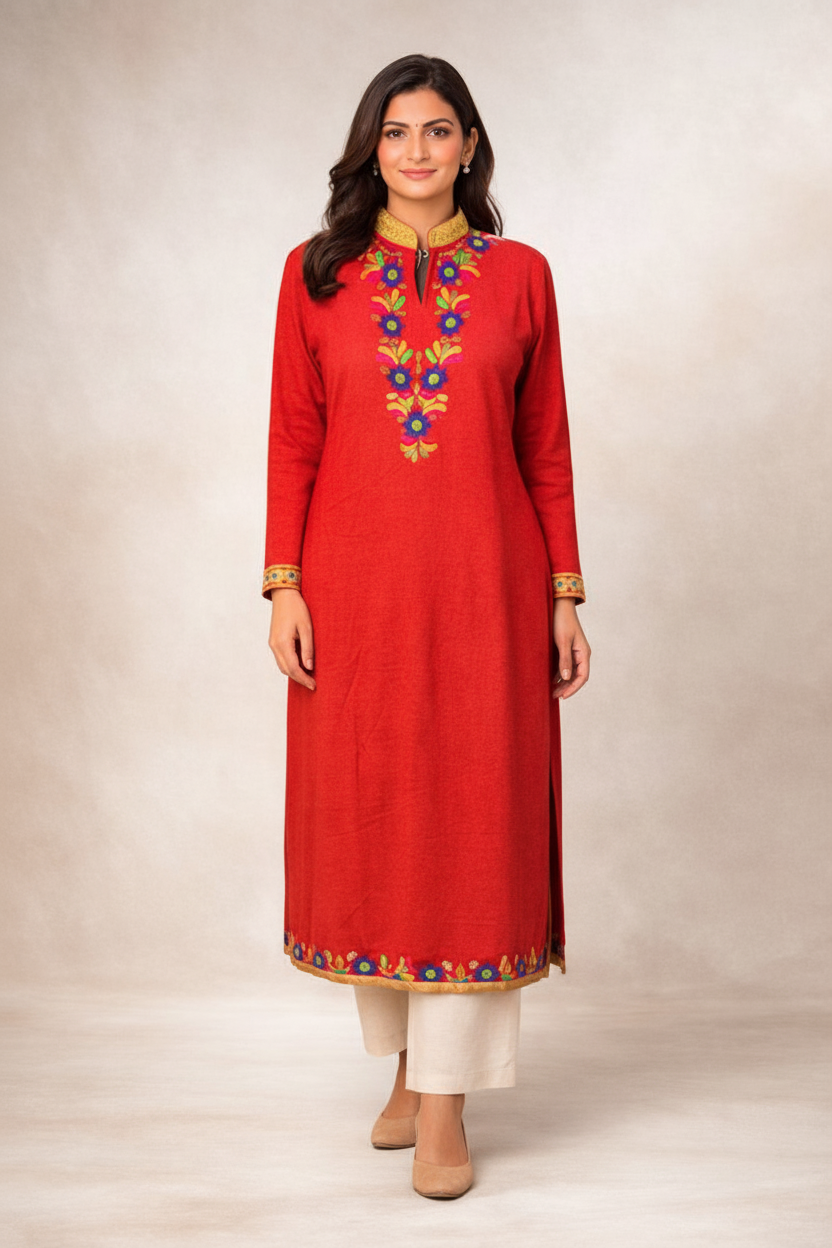 Red Multicolor Embroidered Kurti Front View