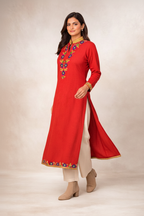 Red Multicolor Embroidered Kurti Movement Shot