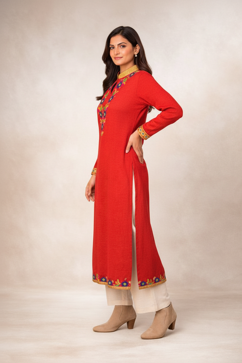 Red Multicolor Embroidered Kurti Side Angle