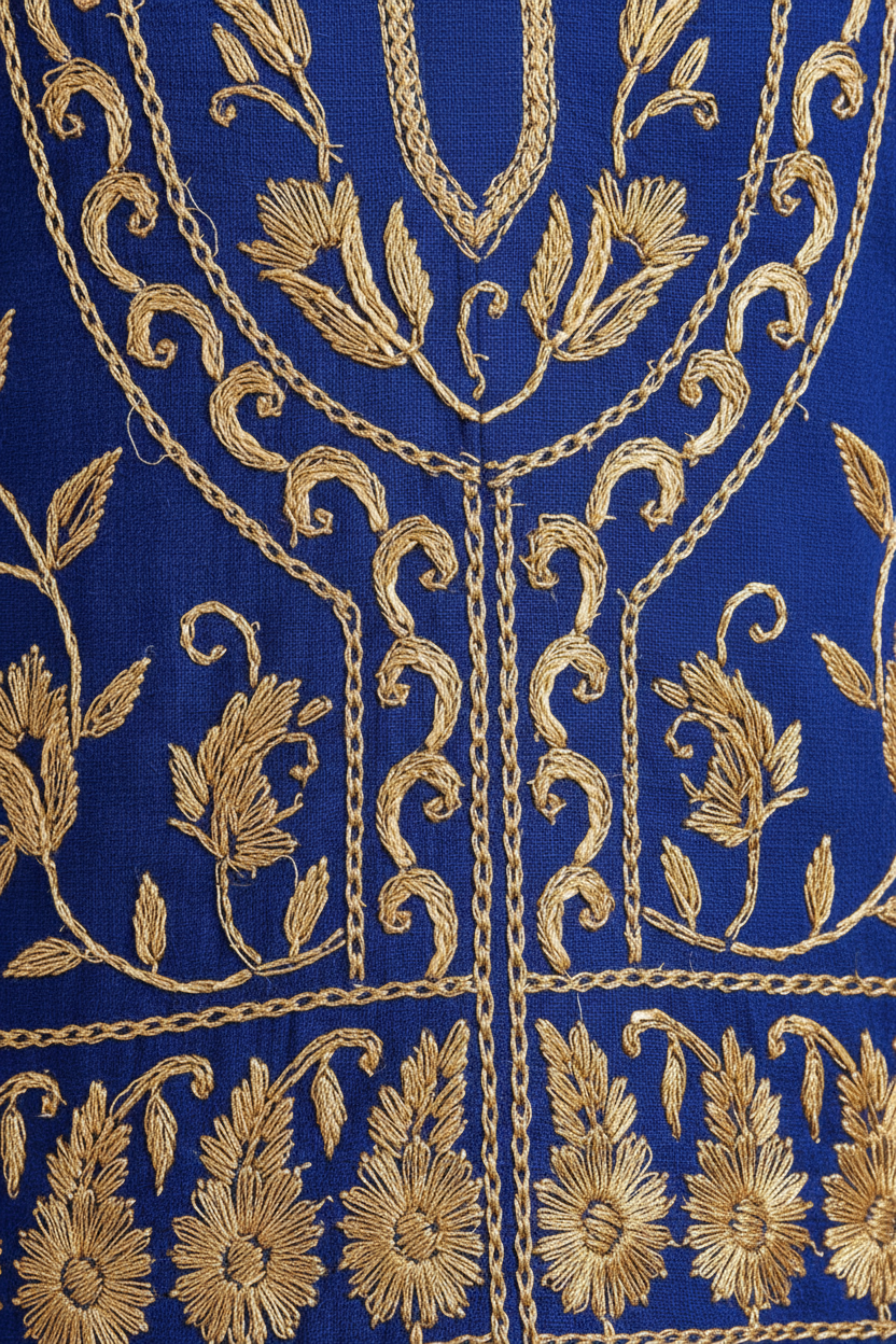 Royal Blue Mughal Embroidered Kurti Fabric Detail