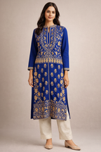 Royal Blue Mughal Embroidered Kurti Front View