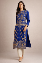 Royal Blue Mughal Embroidered Kurti Movement Shot