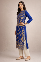 Royal Blue Mughal Embroidered Kurti Side Angle