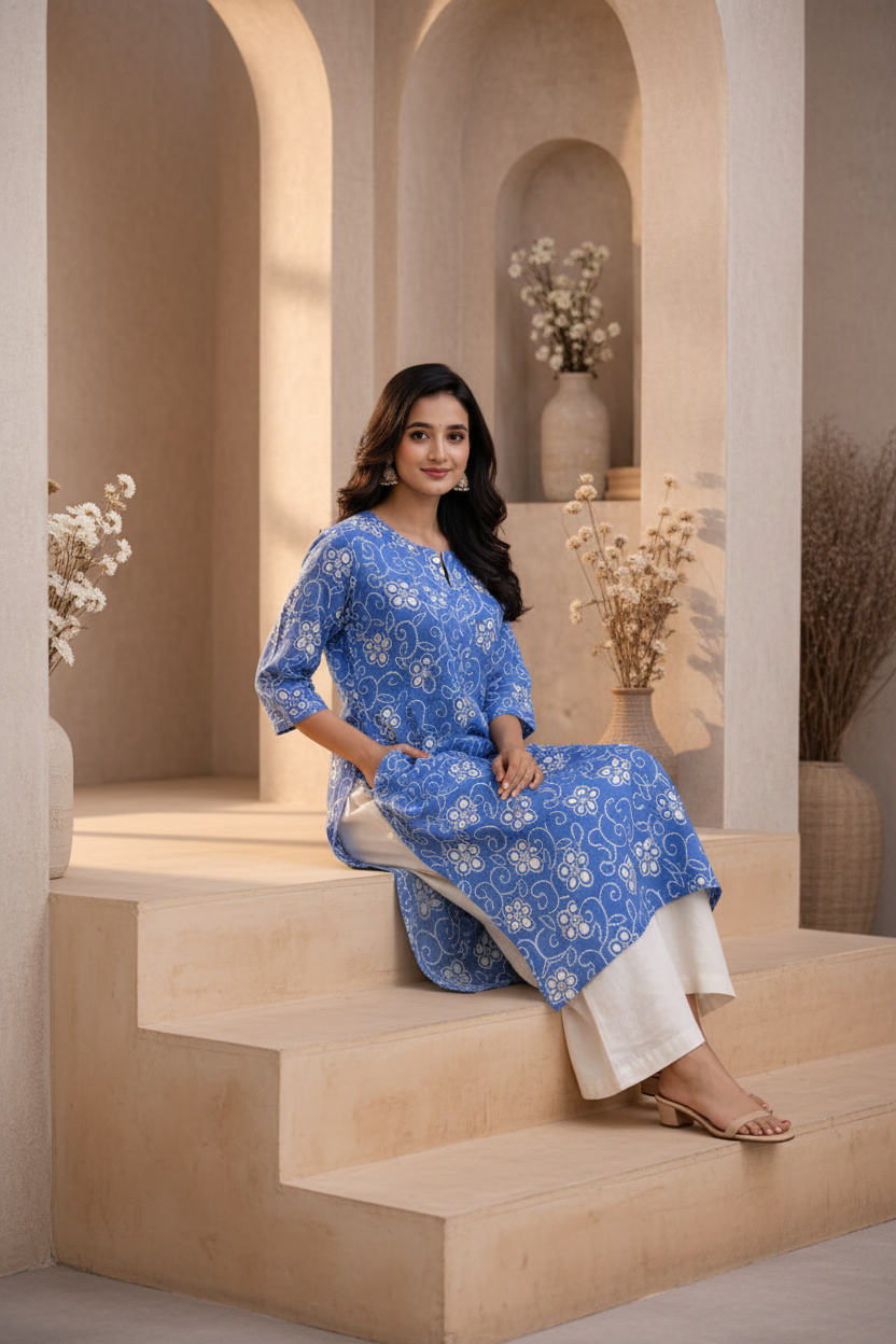 Seated pose in blue floral printed kurti with palazzo