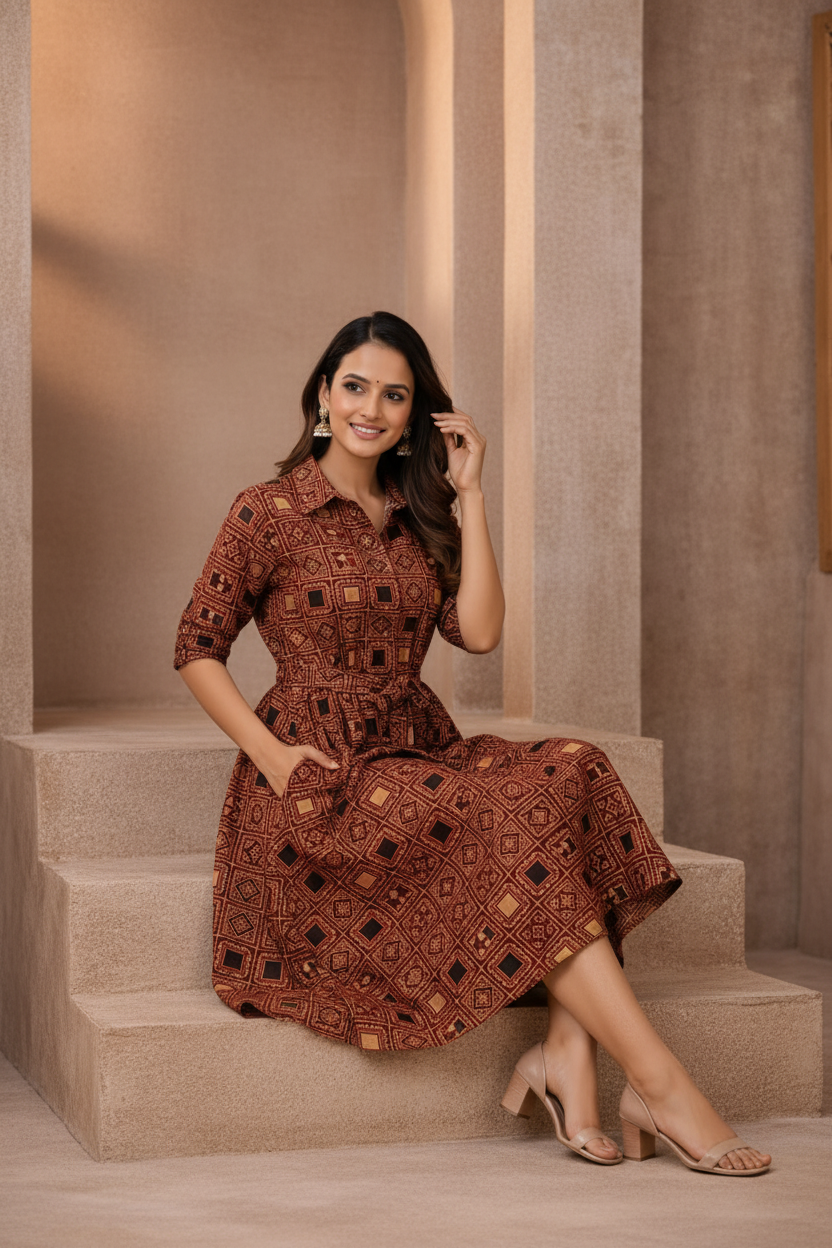 Seated pose in brown patterned dress