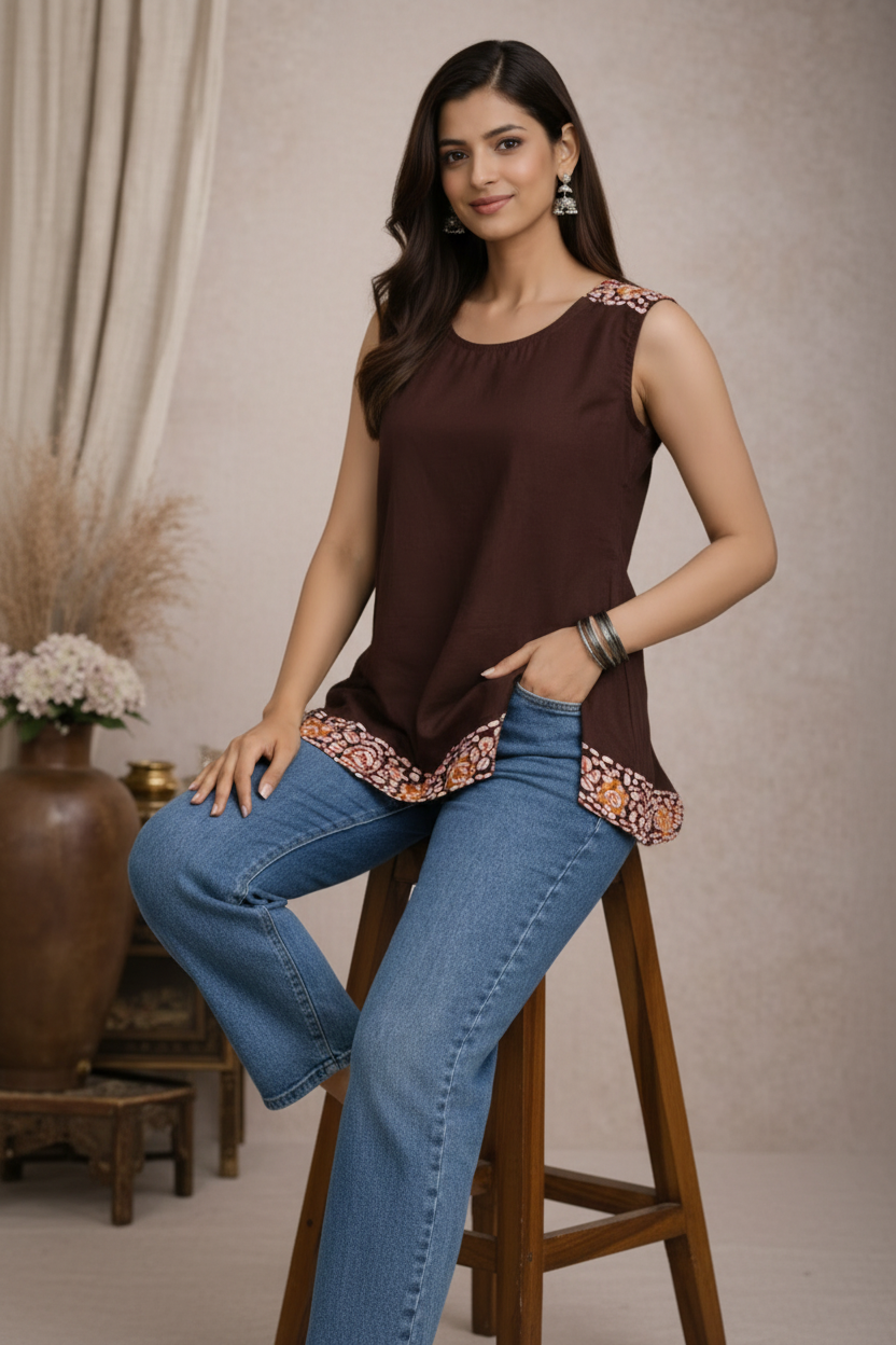 Seated pose in brown sleeveless tunic top
