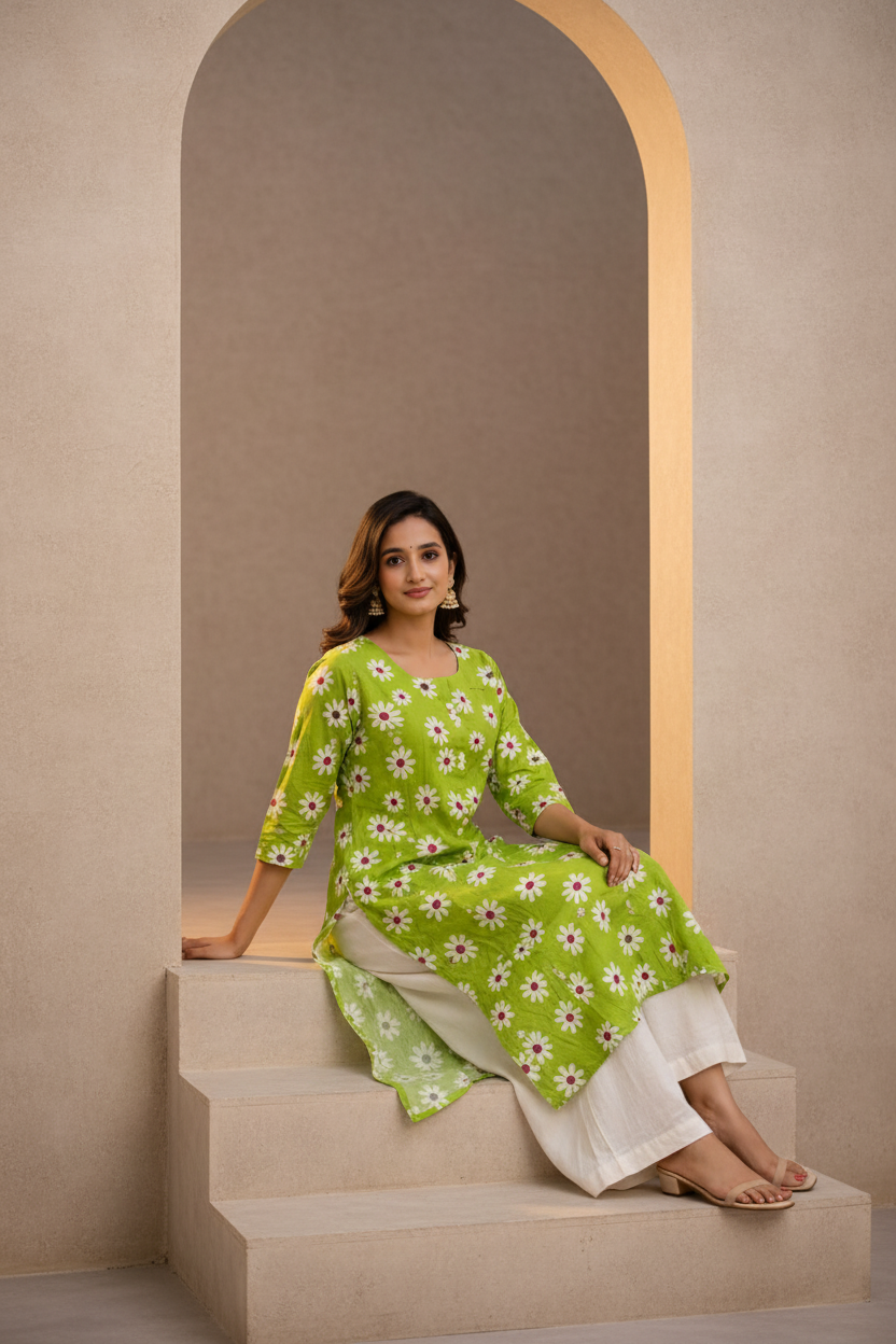 Seated pose in lime green kurti with daisy print