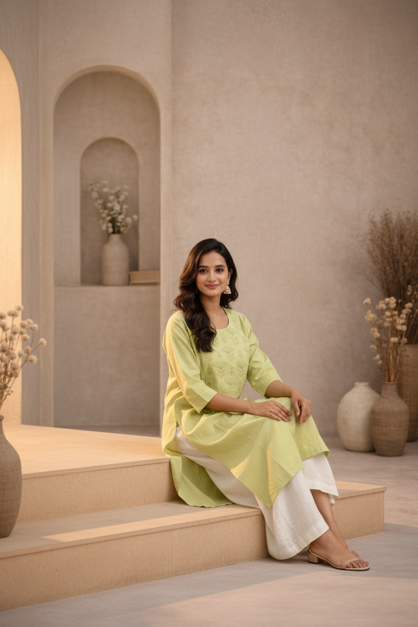 Seated pose in lime green kurti with palazzo
