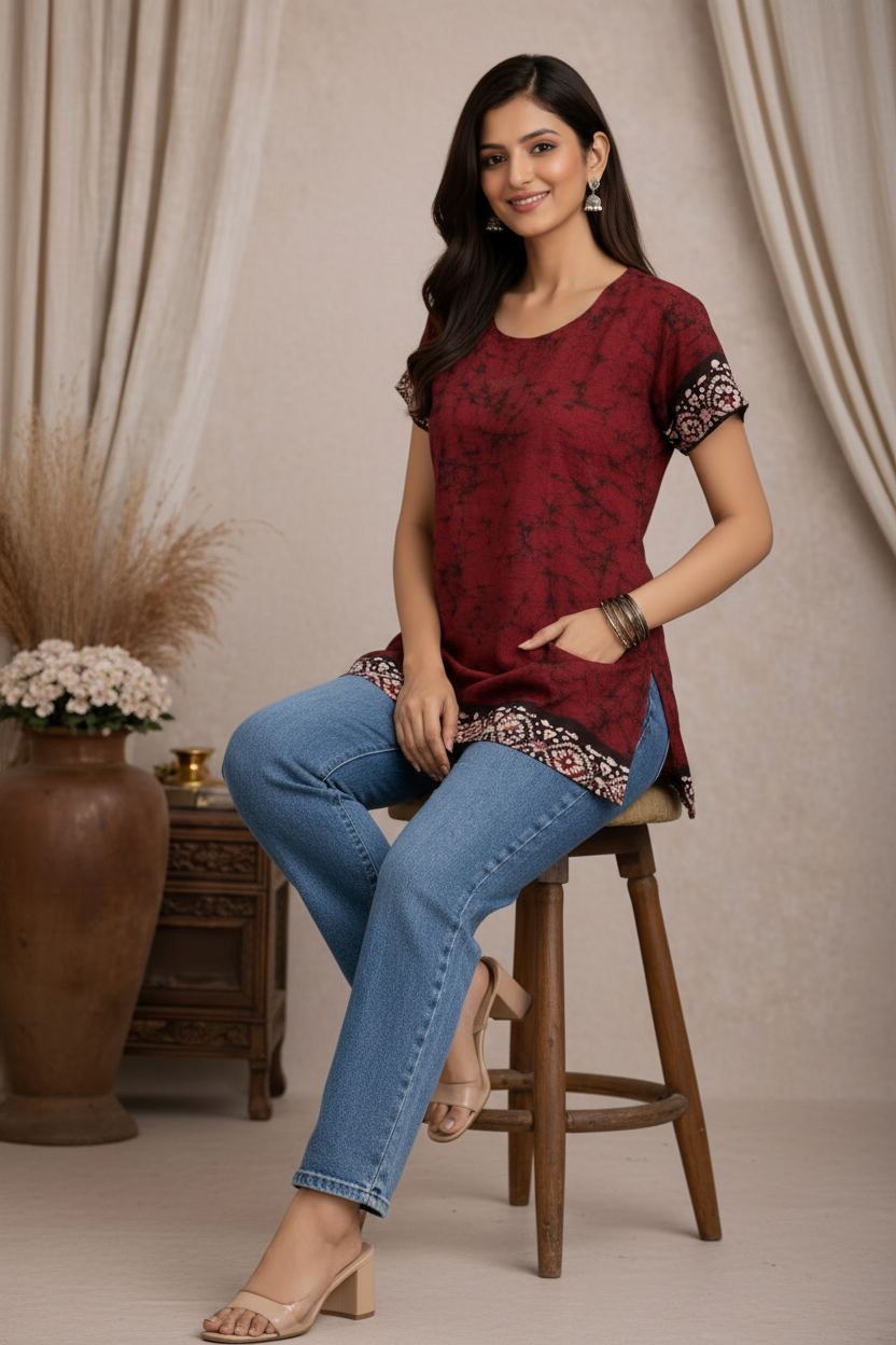Seated pose in maroon tie-dye tunic top