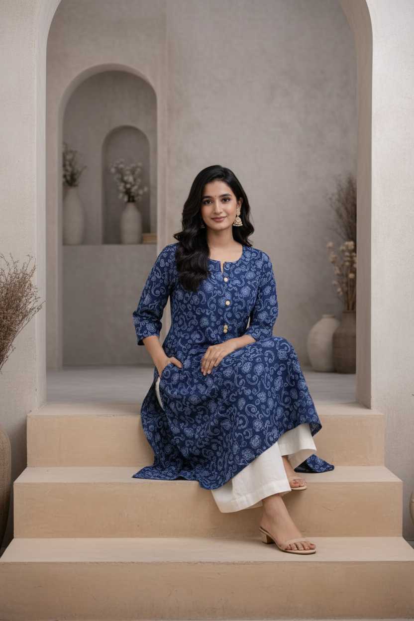 Seated pose in navy blue printed kurti with palazzo