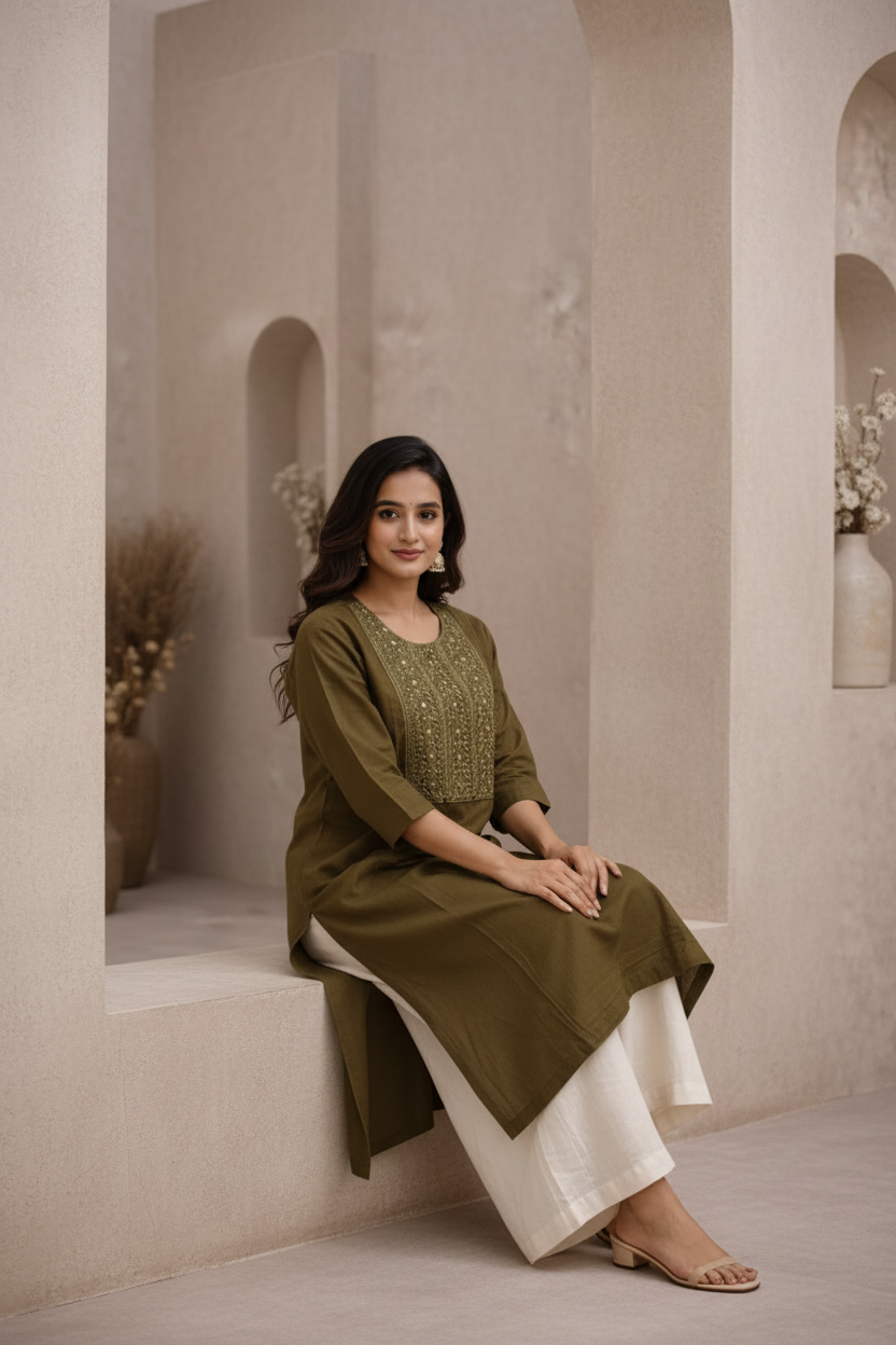 Seated pose in olive green kurti with embroidered yoke