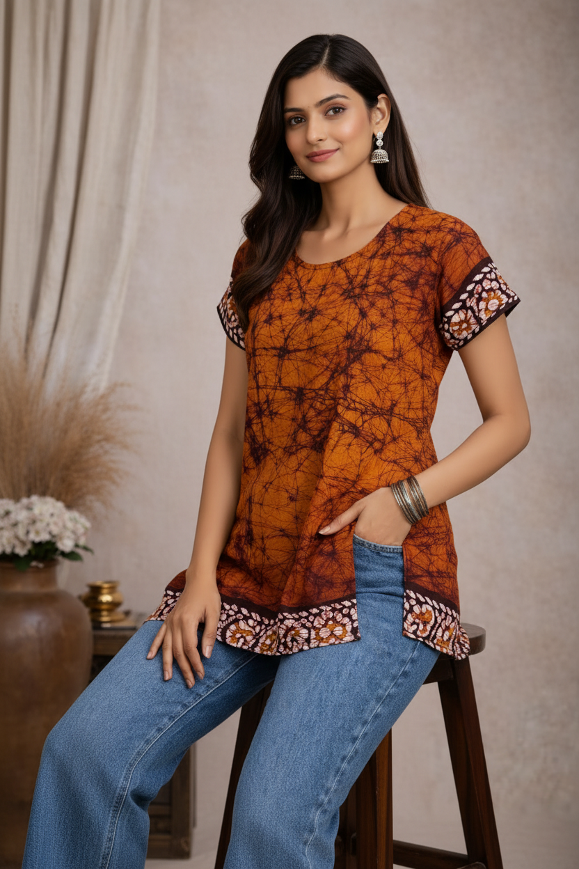 Seated pose in orange tie-dye tunic top