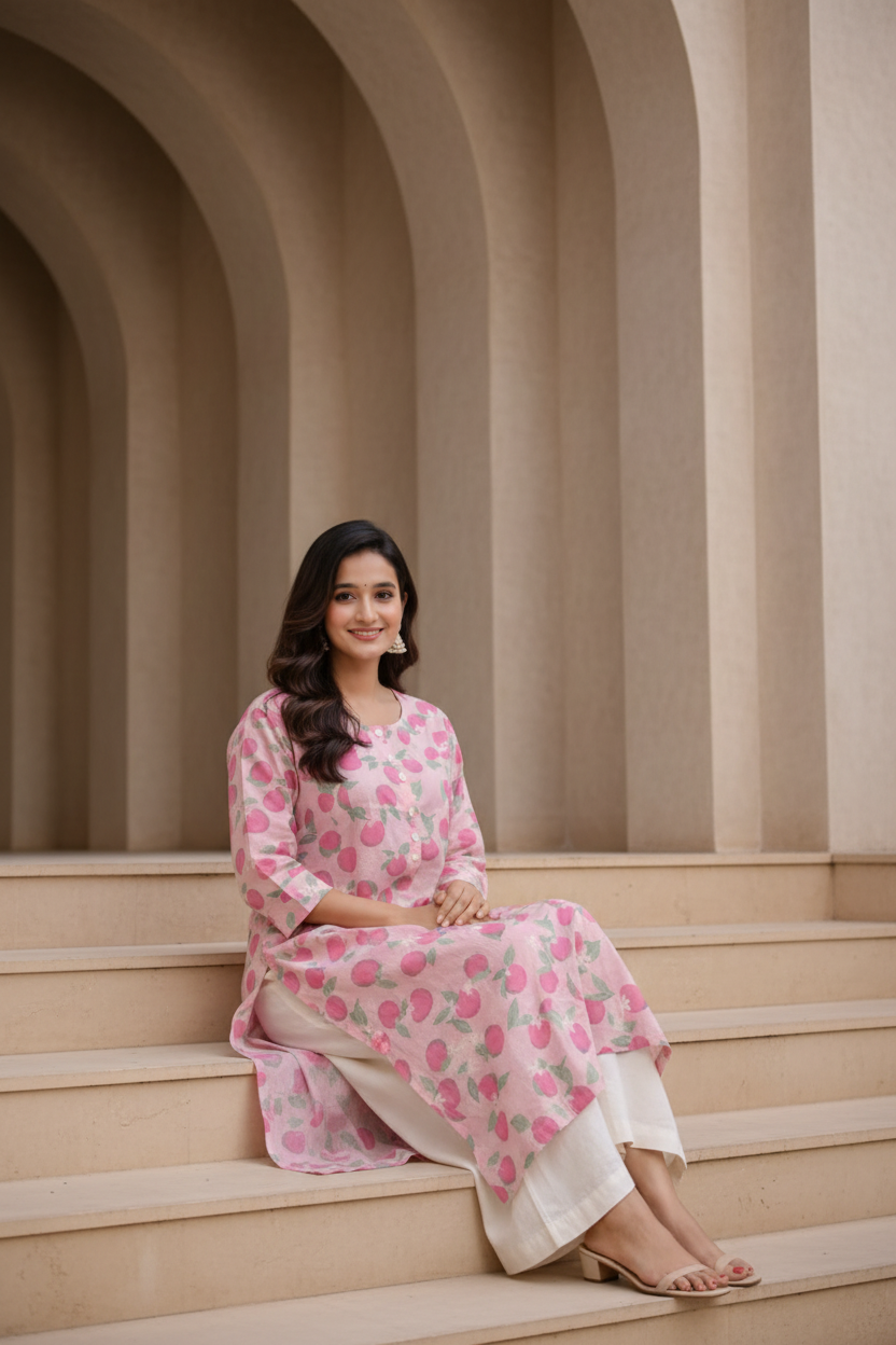 Seated pose in pink floral printed kurti with palazzo