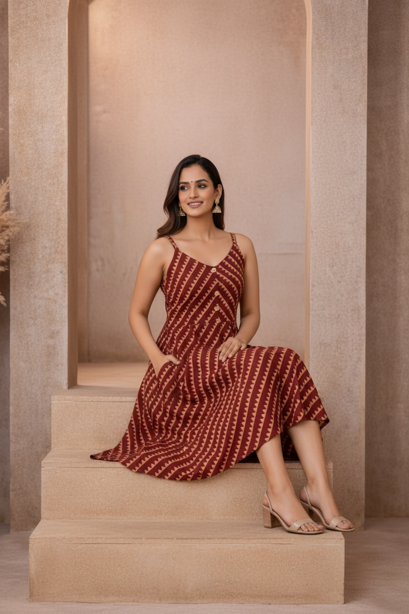Seated pose in red diagonal striped dress
