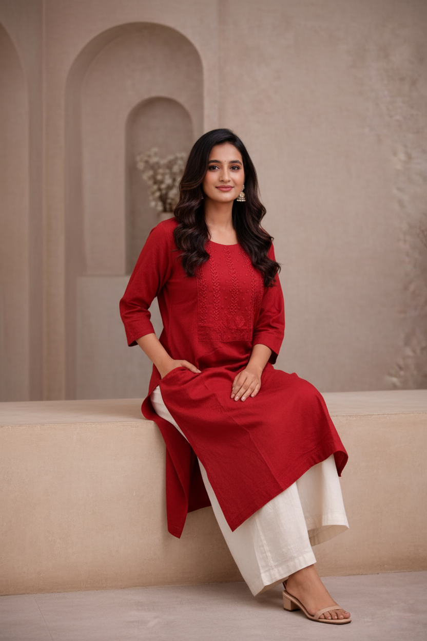 Seated pose in red kurti with embroidered yoke