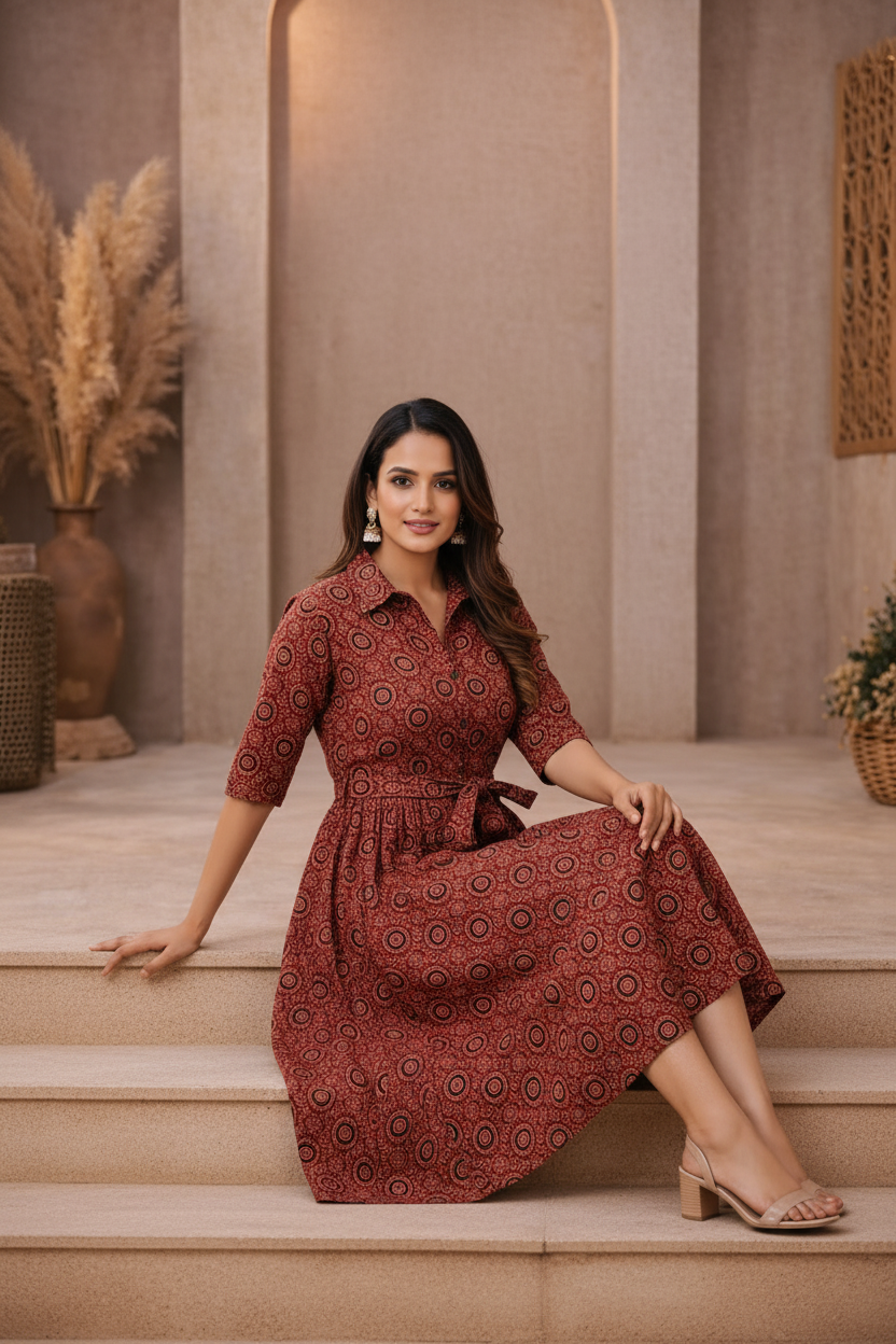 Seated pose in red medallion patterned dress