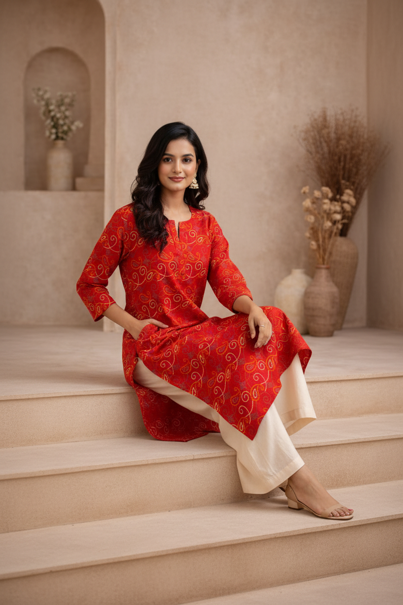 Seated pose in red printed kurti with palazzo