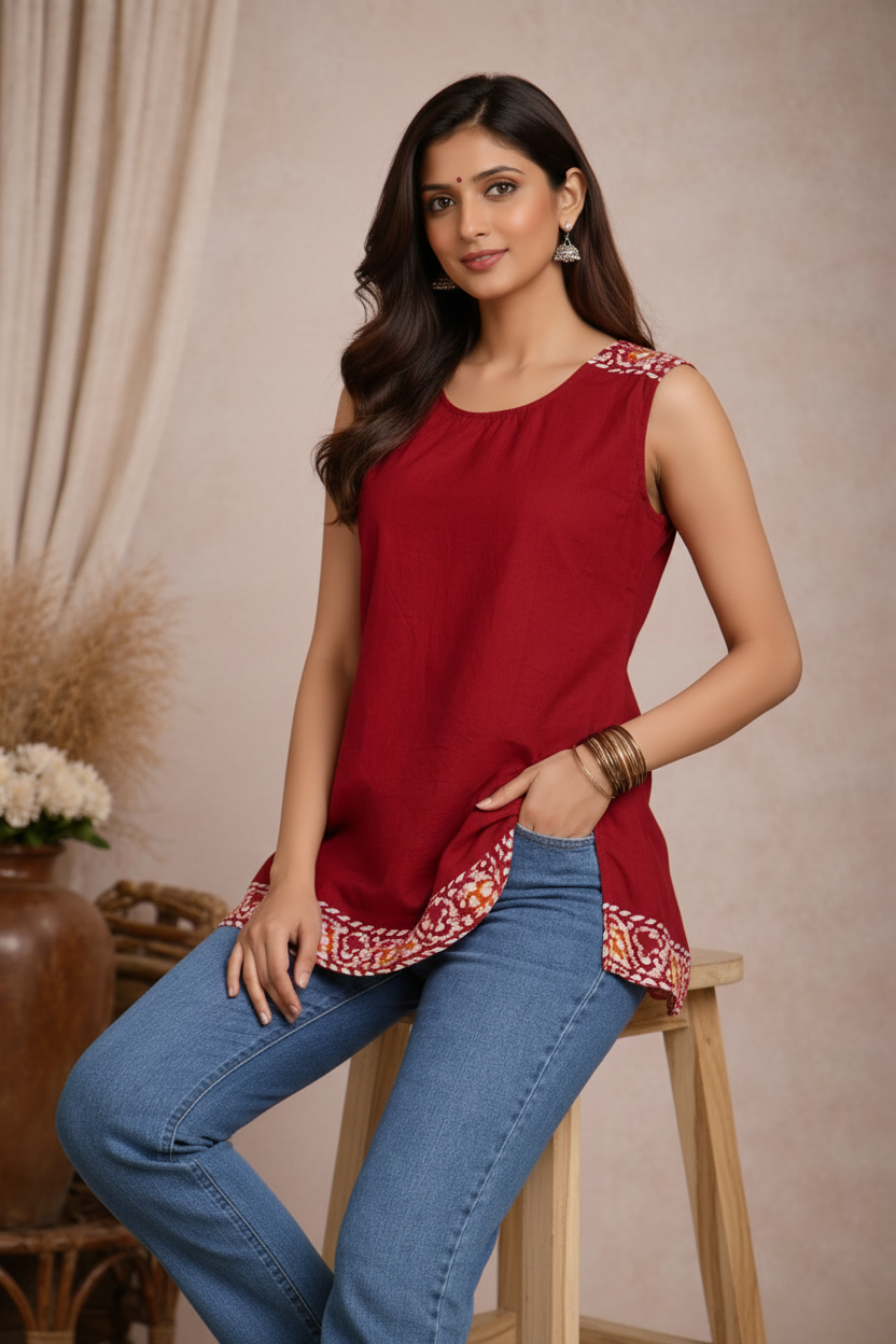 Seated pose in red sleeveless tunic top