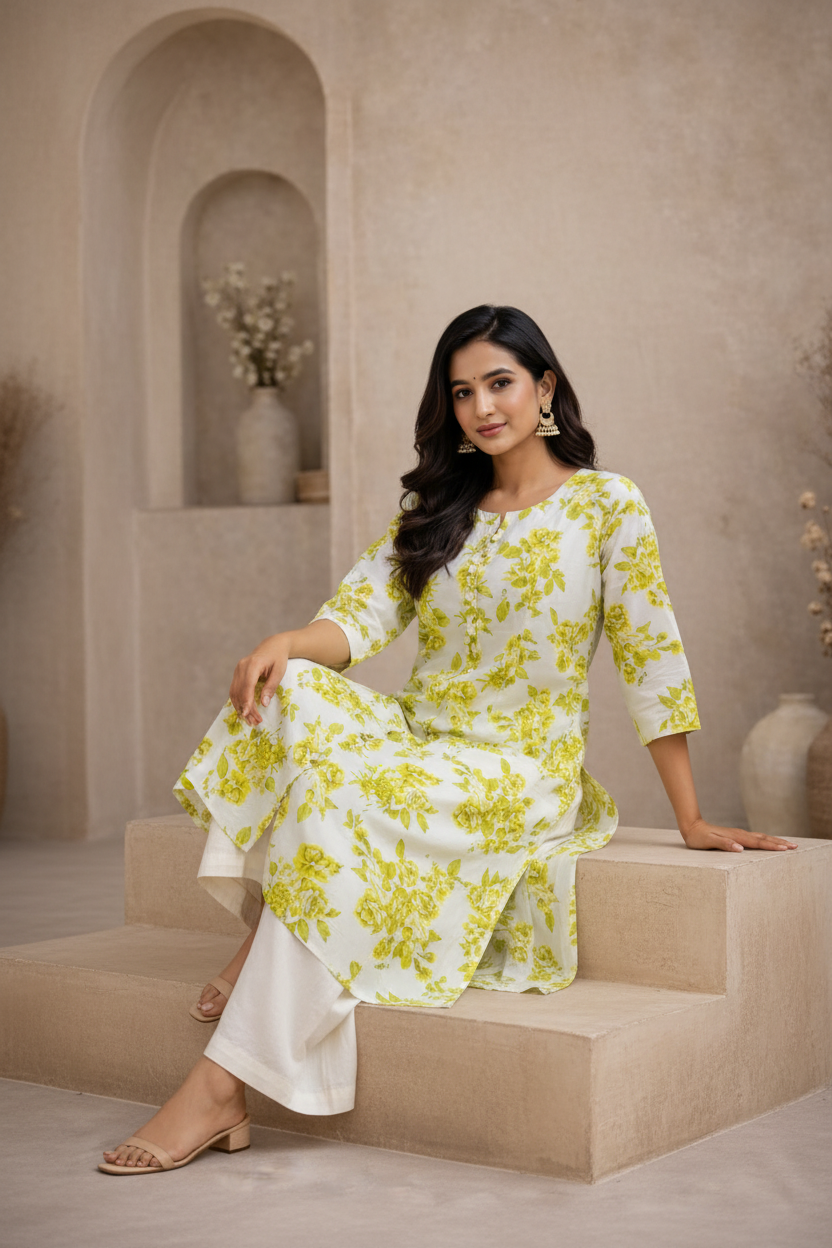 Seated pose in white kurti with lime green floral print