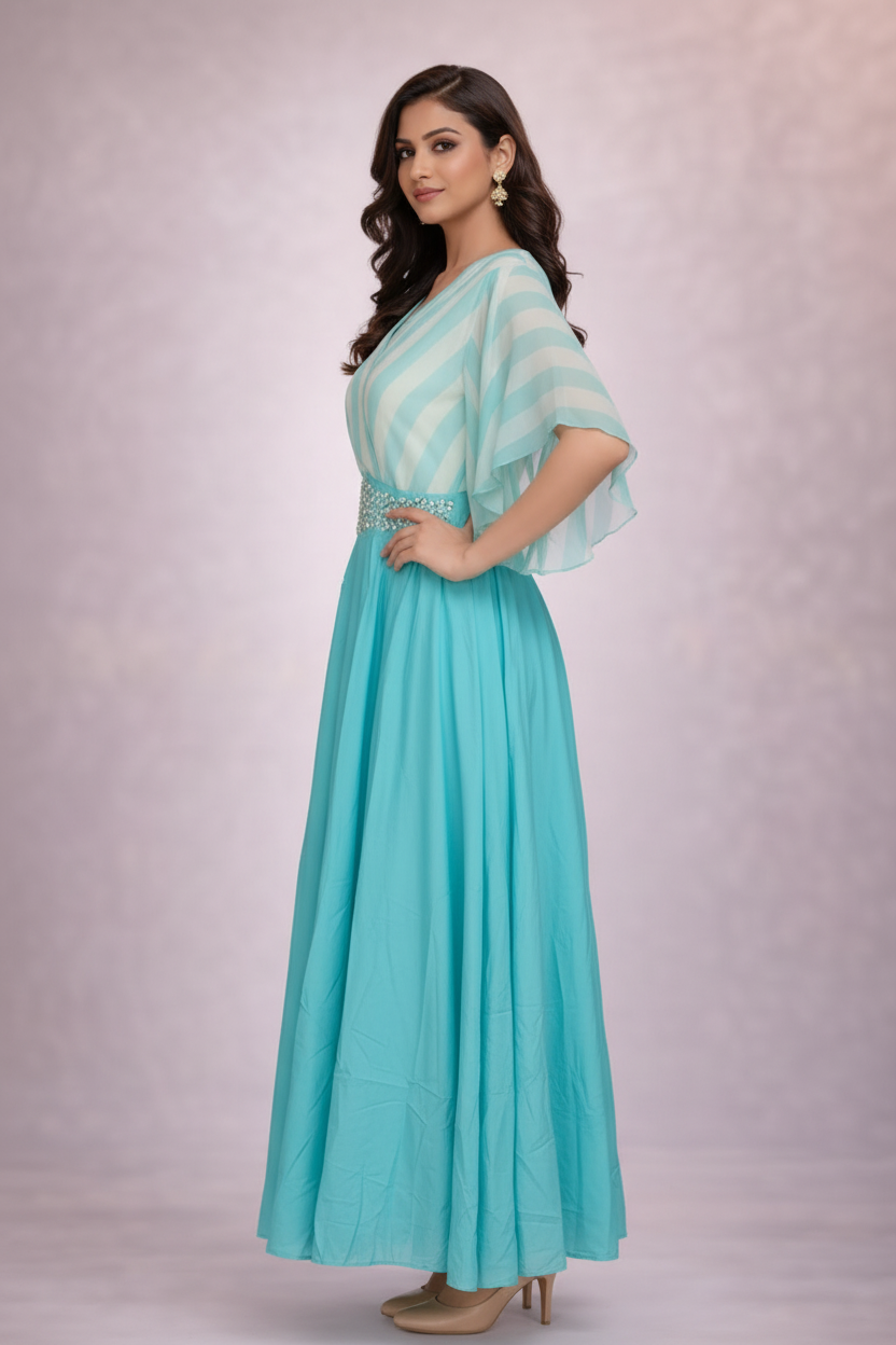 Side angle highlighting cape sleeves