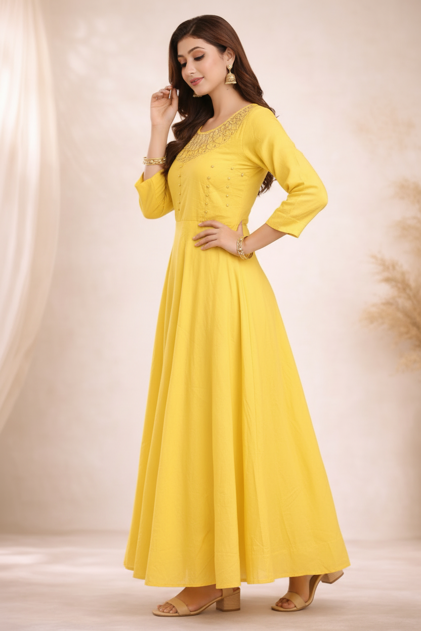 Side angle highlighting embroidered neckline