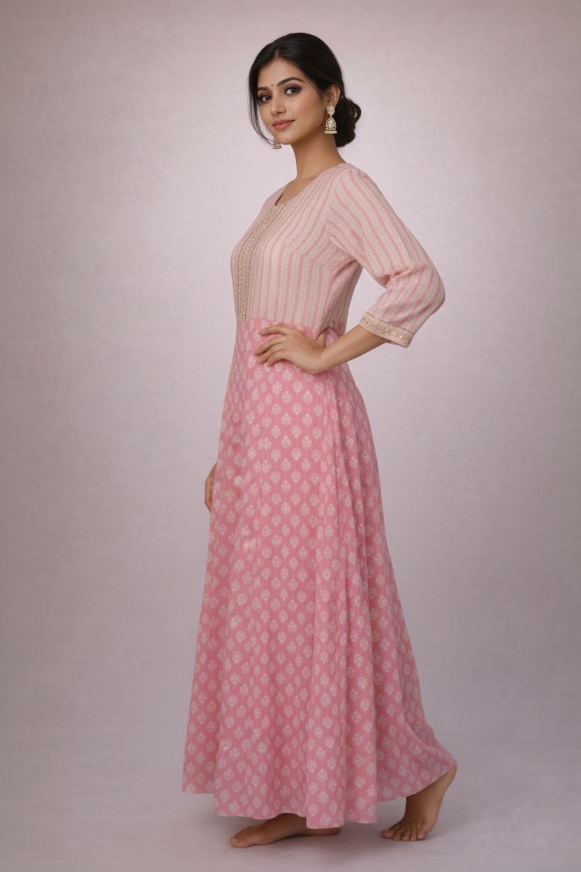 Side angle highlighting embroidered neckline