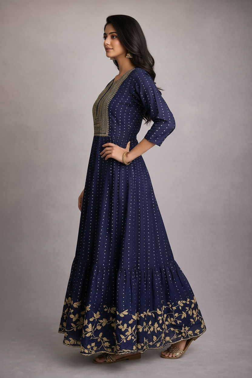 Side angle highlighting embroidered yoke