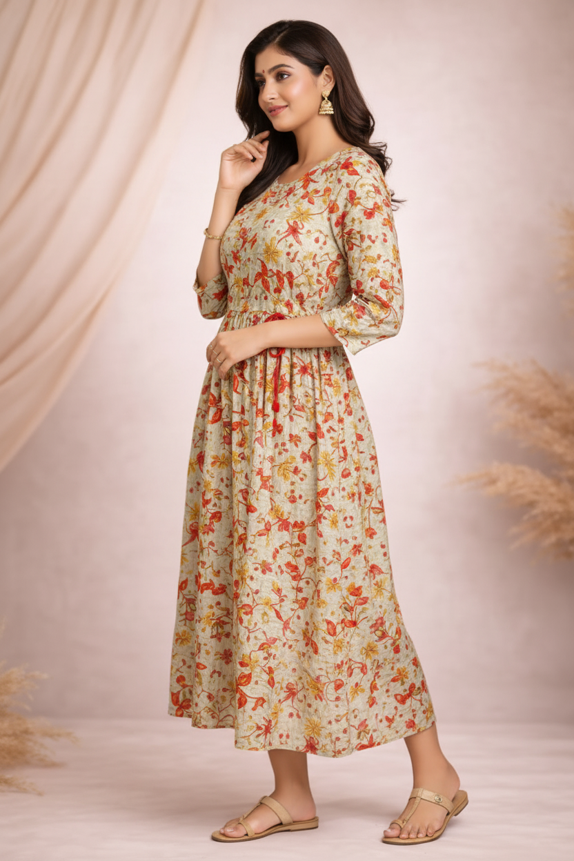 Side angle highlighting gathered waist