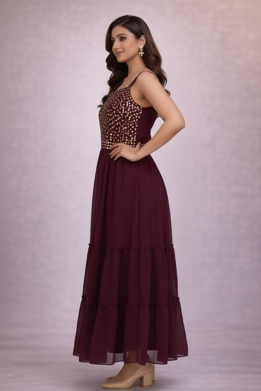 Side angle highlighting sequined bodice