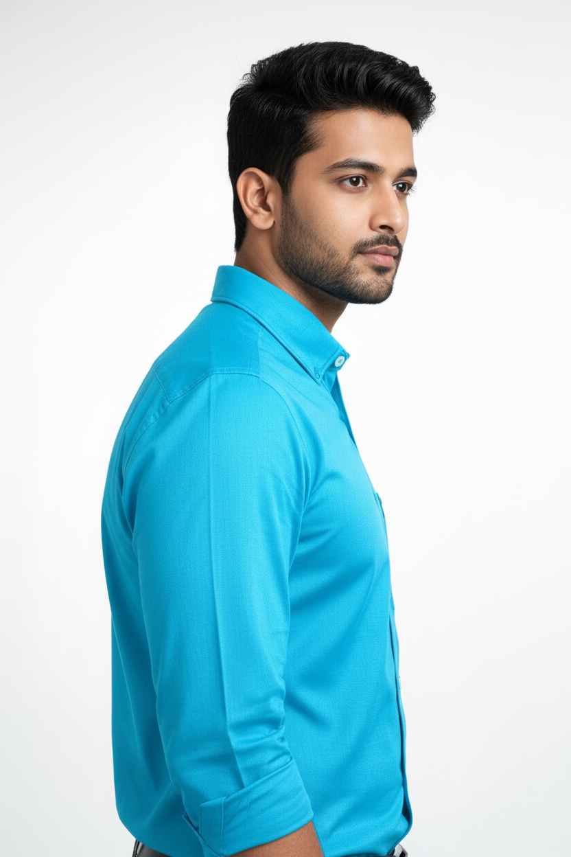 Side profile of turquoise shirt