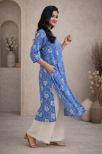 Side view of blue floral printed kurti with palazzo