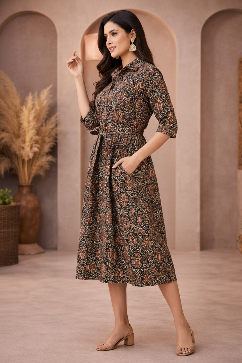 Side view of brown paisley patterned dress