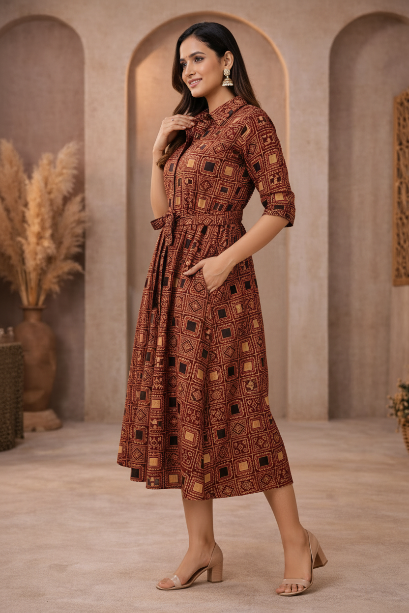 Side view of brown patterned dress