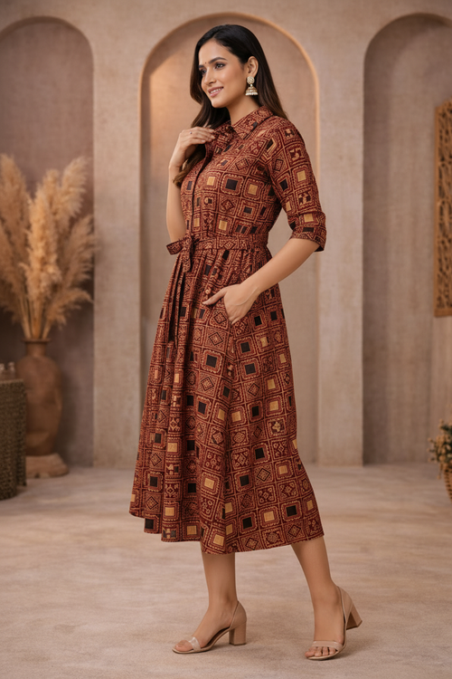 Side view of brown patterned dress