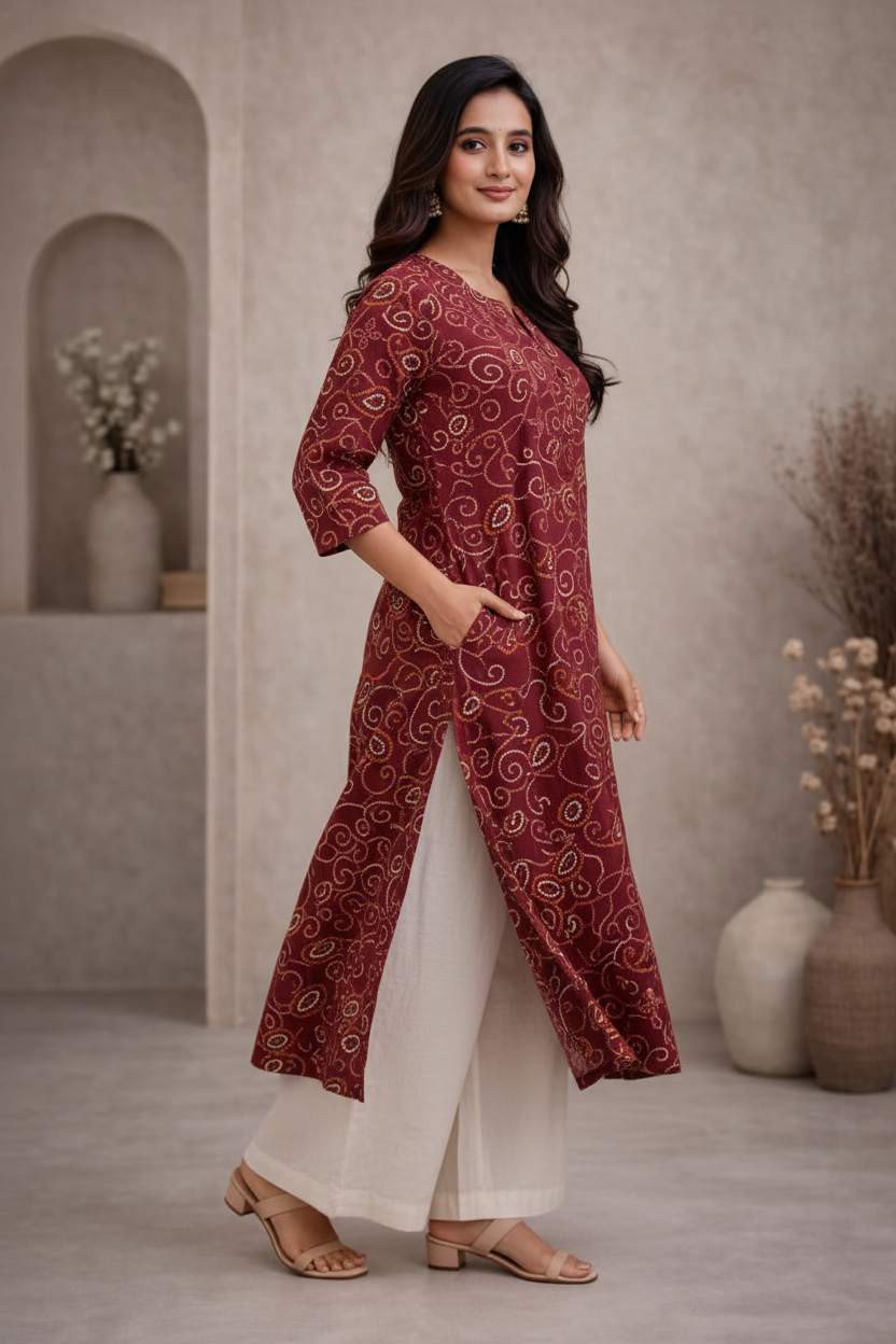 Side view of maroon printed kurti with palazzo