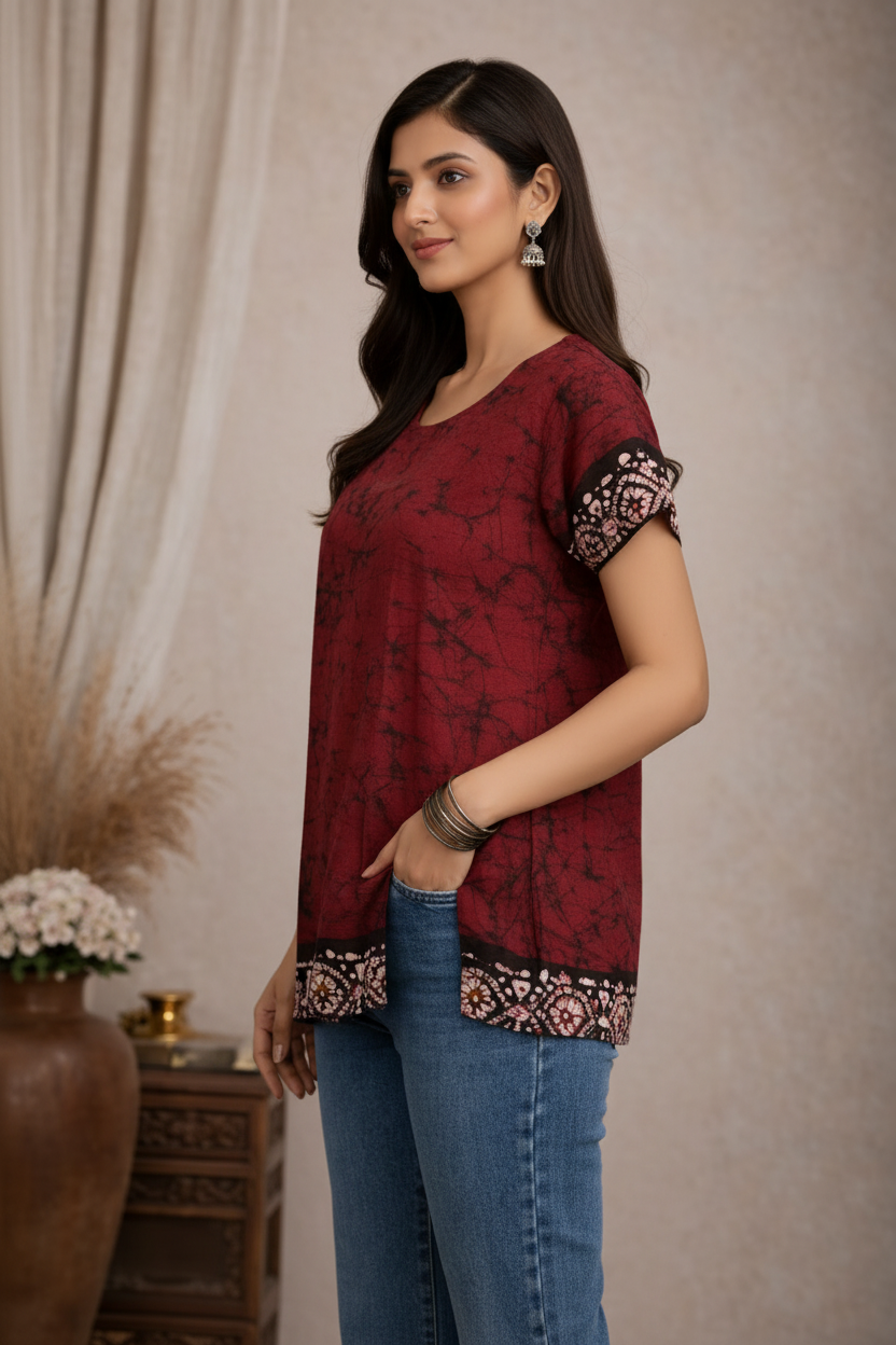 Side view of maroon tie-dye tunic top