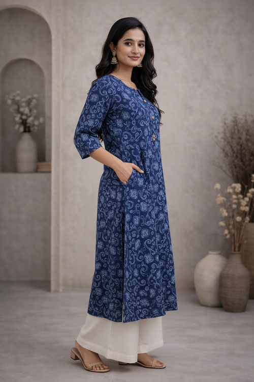 Side view of navy blue printed kurti with palazzo