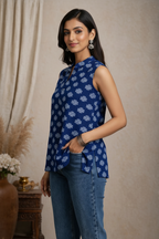 Side view of navy blue printed tunic top